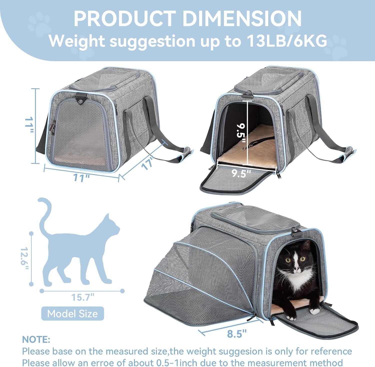Expandable Cat Carrier Dog Carriers,Airline Approved Soft - Sided Portable Pet Travel Washable Carrier for Kittens,Puppies,Removable Soft Plush Mat and Pockets,Locking Safety Zippers - FurrrBabies & More! - 7445038218271