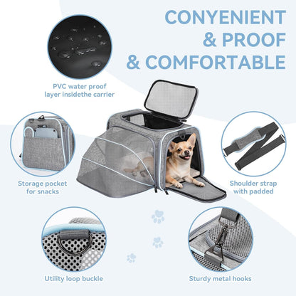 Expandable Cat Carrier Dog Carriers,Airline Approved Soft - Sided Portable Pet Travel Washable Carrier for Kittens,Puppies,Removable Soft Plush Mat and Pockets,Locking Safety Zippers - FurrrBabies & More! - 7445038218271