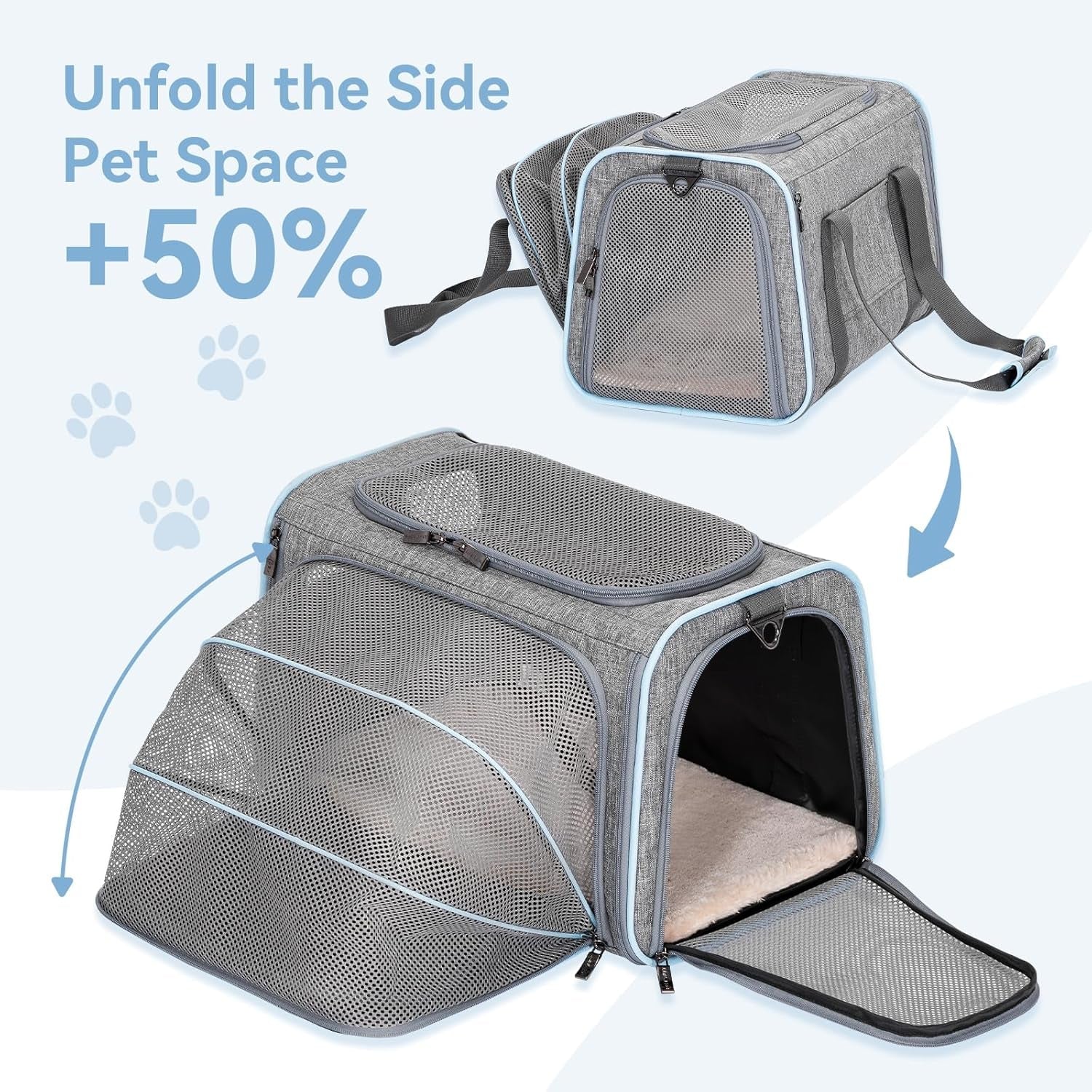 Expandable Cat Carrier Dog Carriers,Airline Approved Soft - Sided Portable Pet Travel Washable Carrier for Kittens,Puppies,Removable Soft Plush Mat and Pockets,Locking Safety Zippers - FurrrBabies & More! - 7445038218271