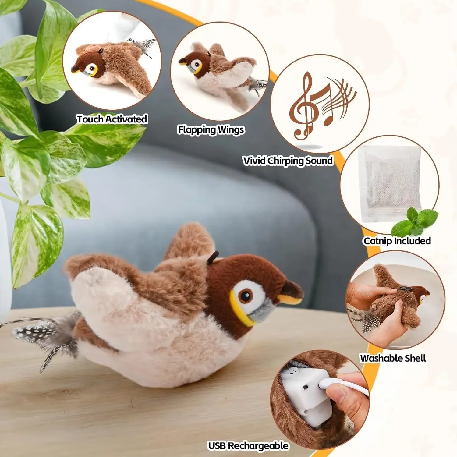 FlutterChirp Cat Toy – Rechargeable Flapping Bird with Catnip & Realistic Sounds - FurrrBabies & More! - 711181680560
