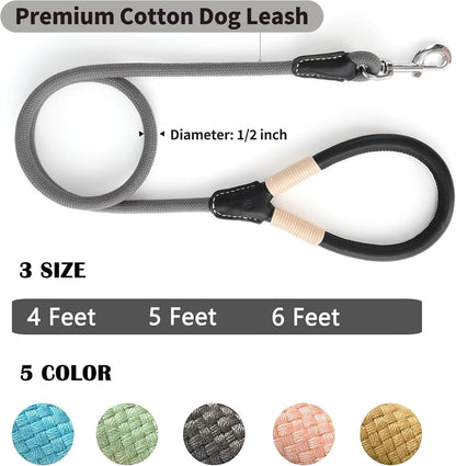 Genuine Leather Wrapped Handle Dog Leash, W Heavy Duty Clasp Rope Leash for Small Medium Large Dogs (Gray, 5FT) - FurrrBabies & More! - 726084563070