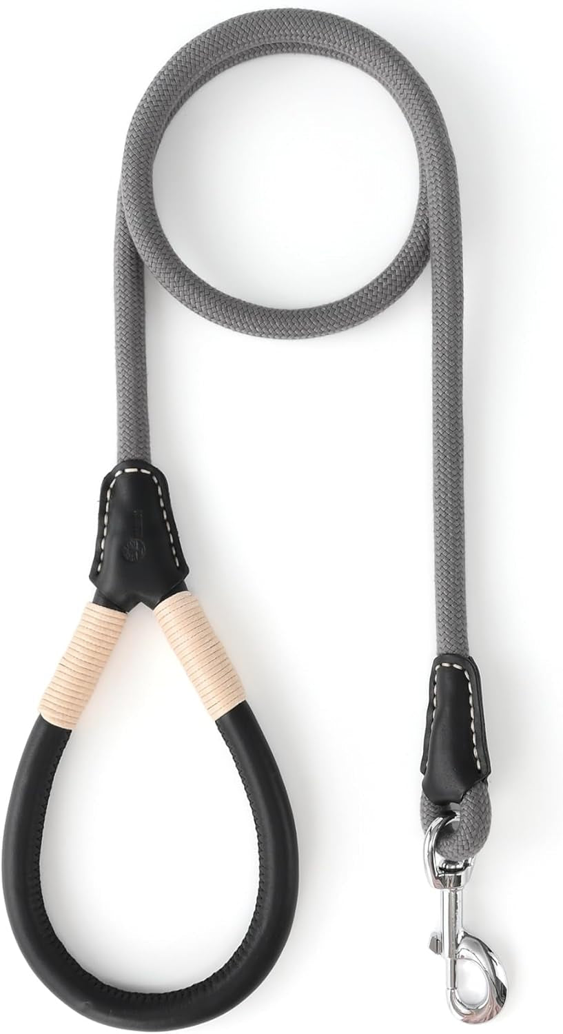 Genuine Leather Wrapped Handle Dog Leash, W Heavy Duty Clasp Rope Leash for Small Medium Large Dogs (Gray, 5FT) - FurrrBabies & More! - 726084563070