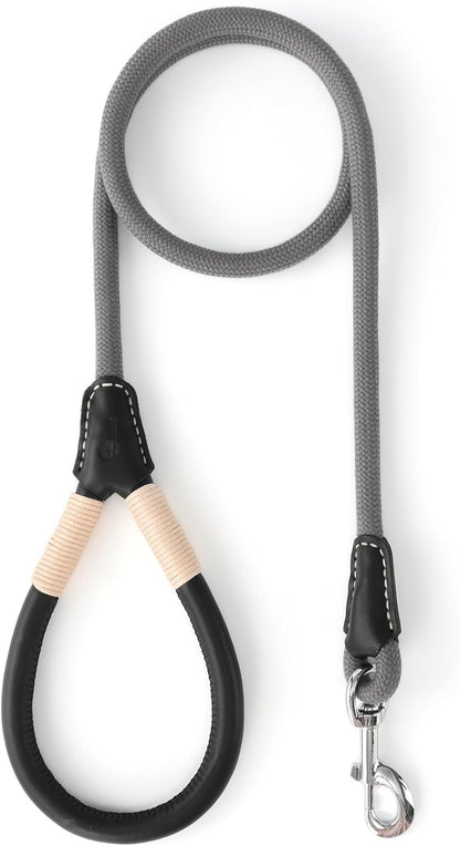 Genuine Leather Wrapped Handle Dog Leash, W Heavy Duty Clasp Rope Leash for Small Medium Large Dogs (Gray, 5FT) - FurrrBabies & More! - 726084563070