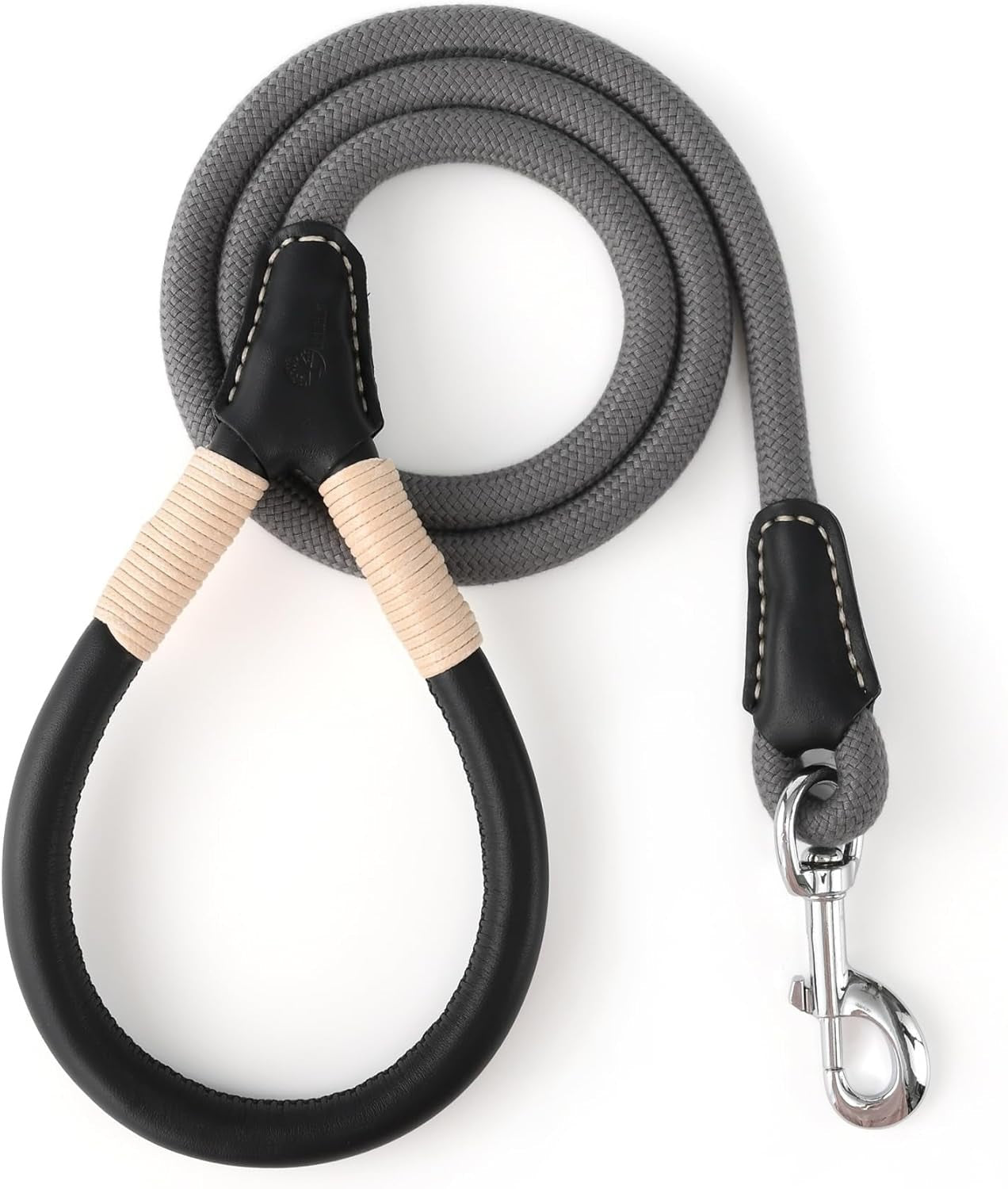 Genuine Leather Wrapped Handle Dog Leash, W Heavy Duty Clasp Rope Leash for Small Medium Large Dogs (Gray, 5FT) - FurrrBabies & More! - 726084563070