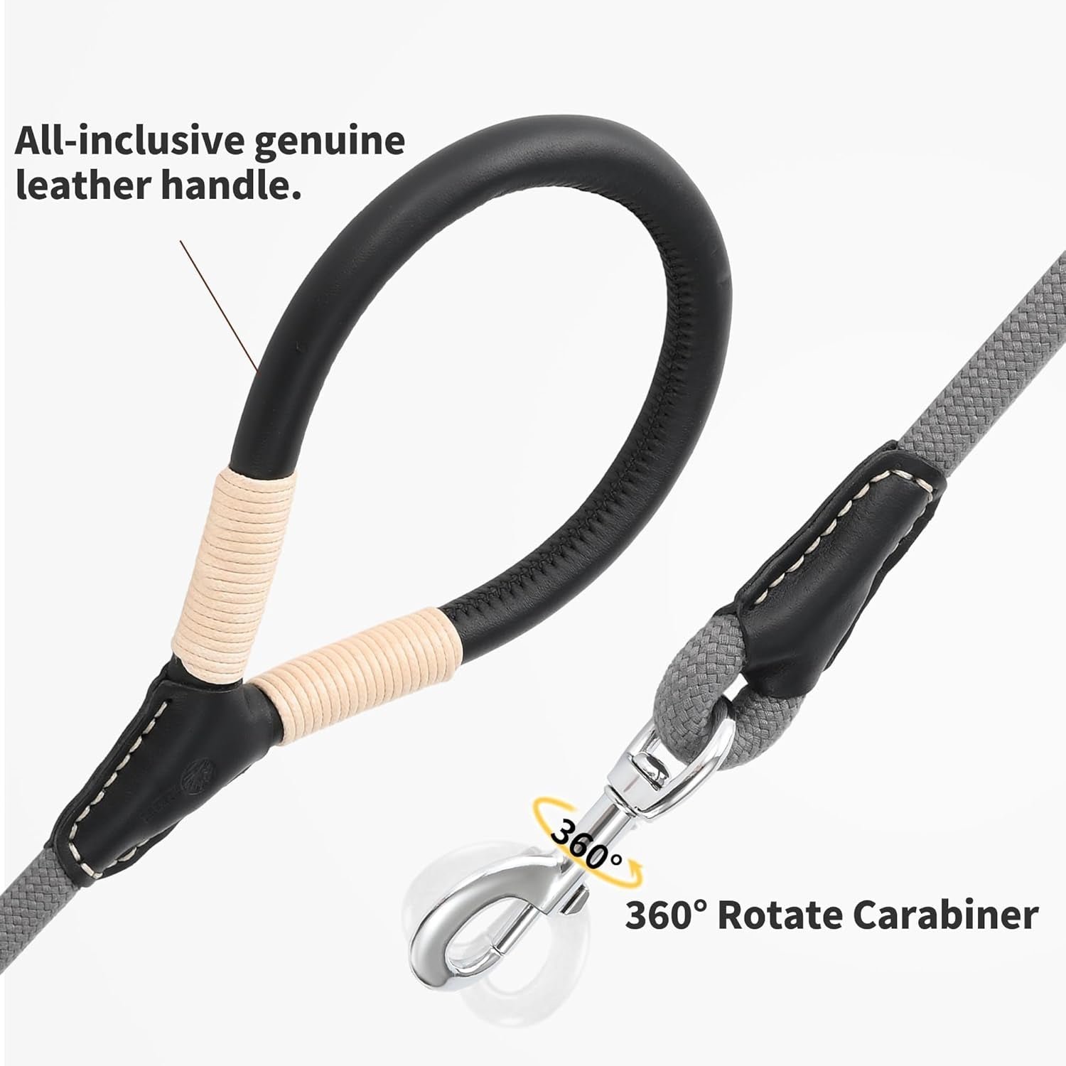 Genuine Leather Wrapped Handle Dog Leash, W Heavy Duty Clasp Rope Leash for Small Medium Large Dogs (Gray, 5FT) - FurrrBabies & More! - 726084563070