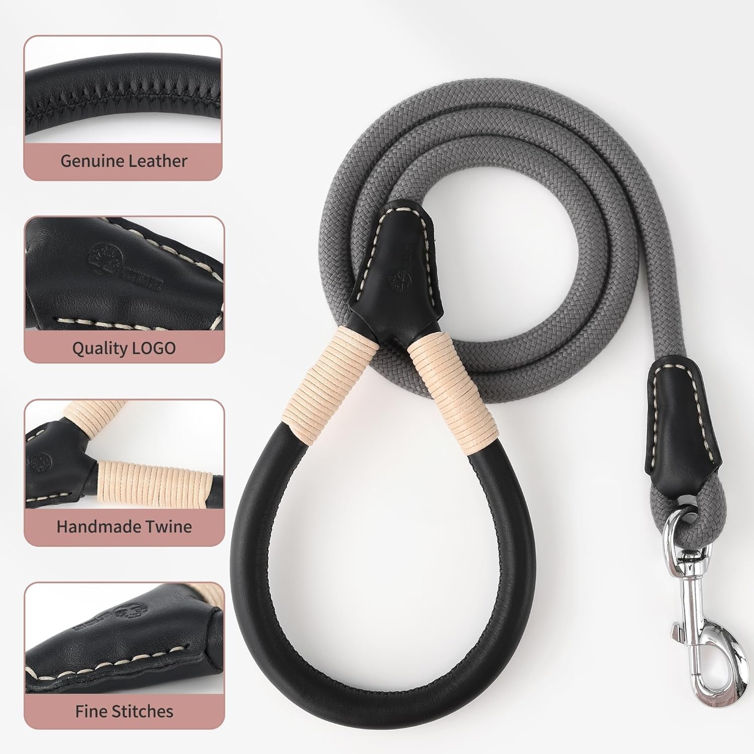 Genuine Leather Wrapped Handle Dog Leash, W Heavy Duty Clasp Rope Leash for Small Medium Large Dogs (Gray, 5FT) - FurrrBabies & More! - 726084563070