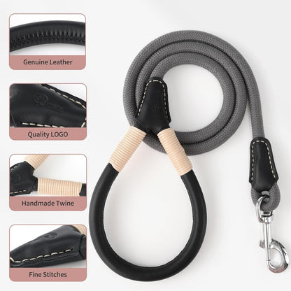 Genuine Leather Wrapped Handle Dog Leash, W Heavy Duty Clasp Rope Leash for Small Medium Large Dogs (Gray, 5FT) - FurrrBabies & More! - 726084563070