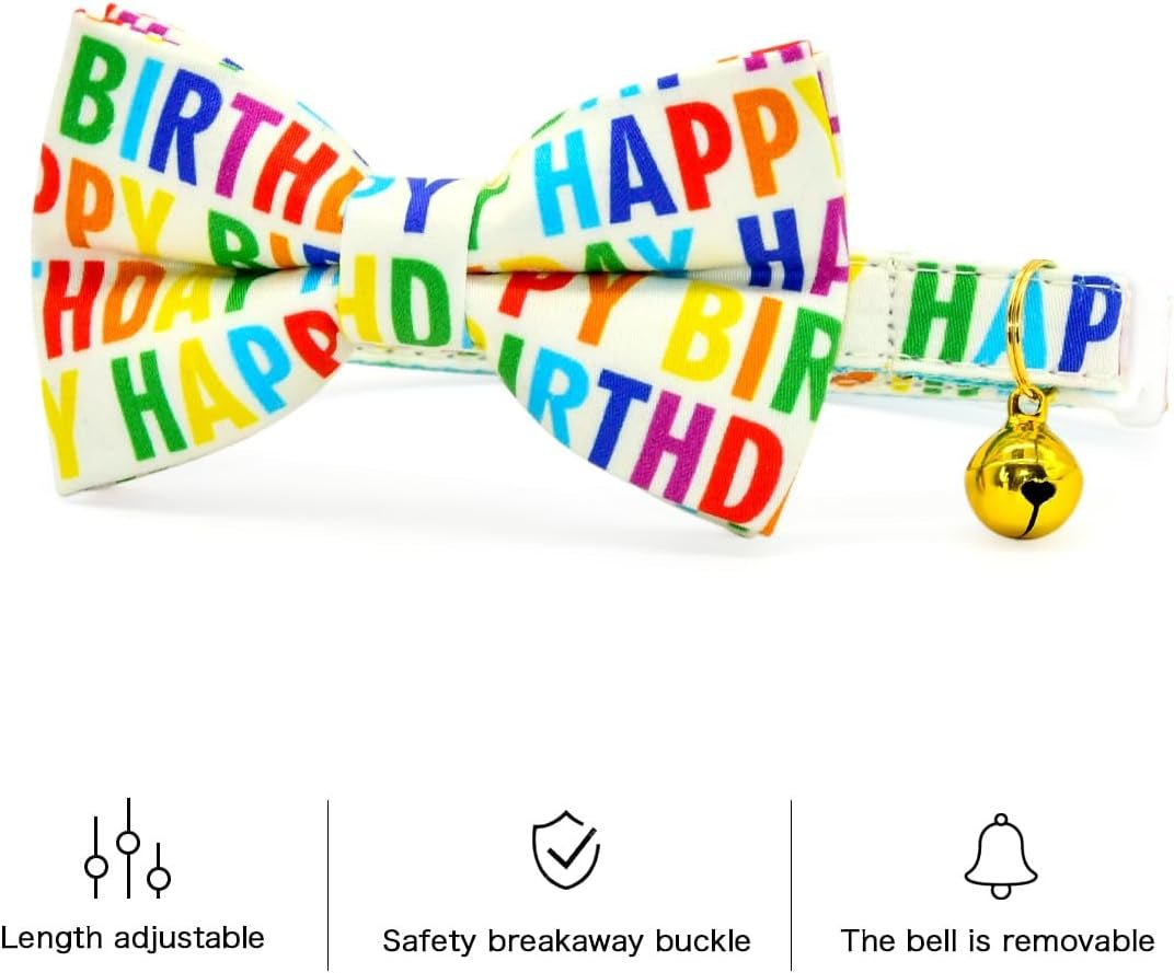 Happy Birthday Cat Breakaway Collar Bow Tie with Bell, Wedding/Birthday Cat Accessories - FurrrBabies & More! - 7445012851852