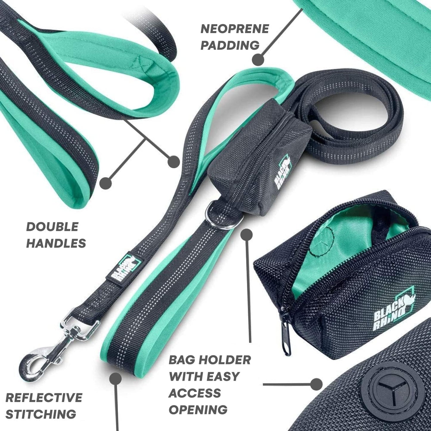 Heavy Duty Dog Leash for Medium and Large Dogs - 6 Ft Long Double Handle Leash with Padded Traffic Control Handles and Bag for Comfort - Reflective, Durable, and Weather Resistant (Aqua) - FurrrBabies & More! - 7445046837808