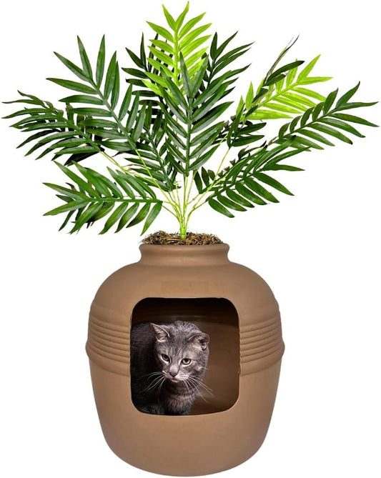 Hidden Litter Box Planter, Decorative Cat Litter Enclosure with Carbon Filter, Artificial Plant, Easy Clean, Indoor Design, Original round Style, Base Kit, Mocha Brown - FurrrBabies & More! - Base Kit - 7445049715783