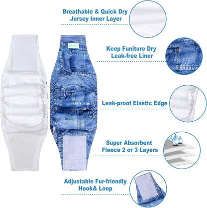 Jeans Washable Male Dog Diapers (Pack of 3) - Washable Male Dog Belly Wrap (Medium) - FurrrBabies & More! - 705353040498