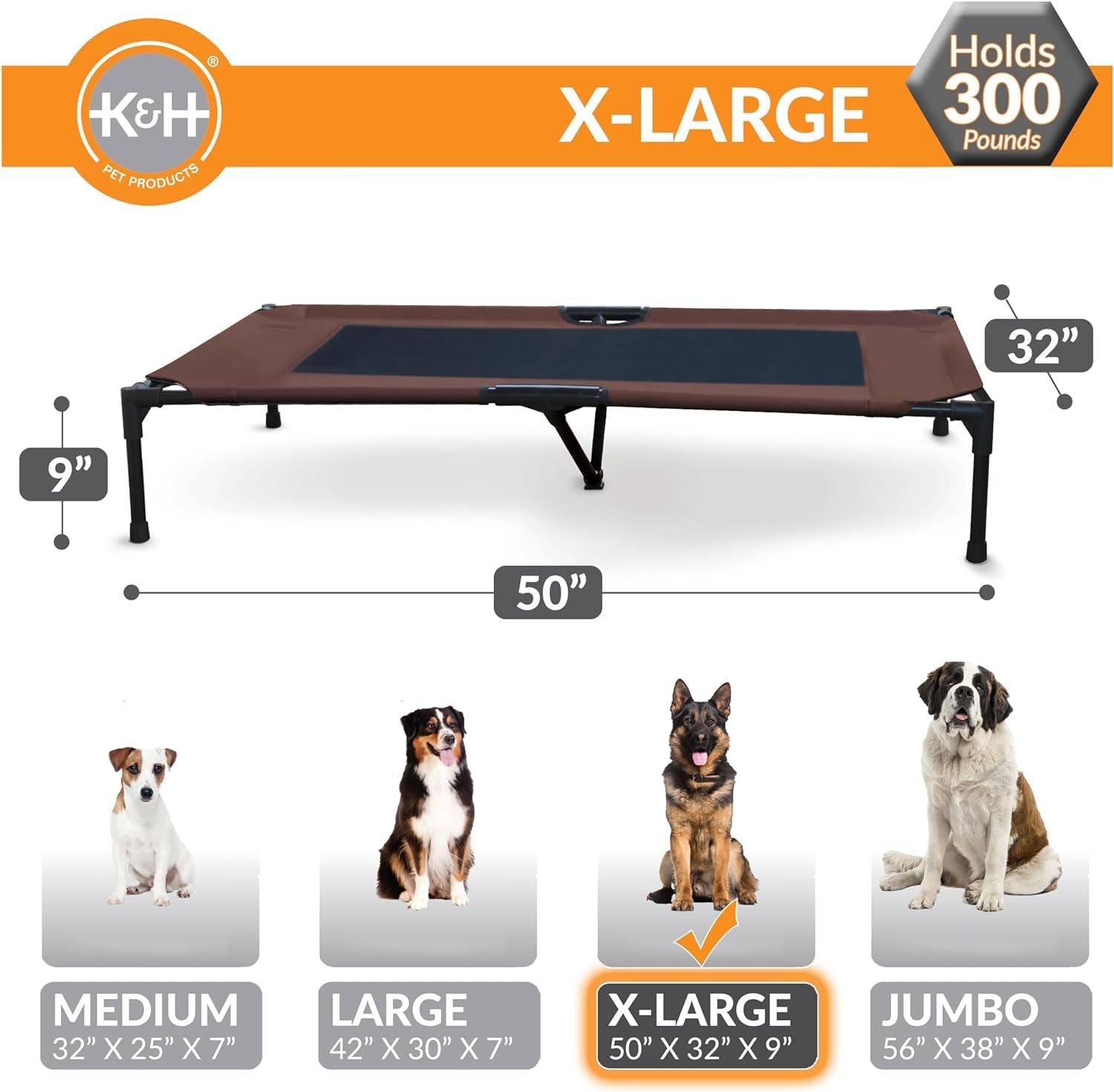 K&H Outdoor Elevated Dog Bed - Cooling Raised Dog Bed for Large & Extra - Large Pets, Breathable Mesh Center Hammock Design, Indoor/Outdoor Washable Cover, Portable Metal Frame, Chocolate, XL 50X32In - FurrrBabies & More! - 744110068016