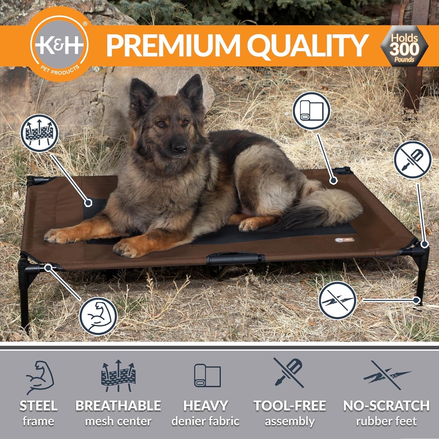 K&H Outdoor Elevated Dog Bed - Cooling Raised Dog Bed for Large & Extra - Large Pets, Breathable Mesh Center Hammock Design, Indoor/Outdoor Washable Cover, Portable Metal Frame, Chocolate, XL 50X32In - FurrrBabies & More! - 744110068016