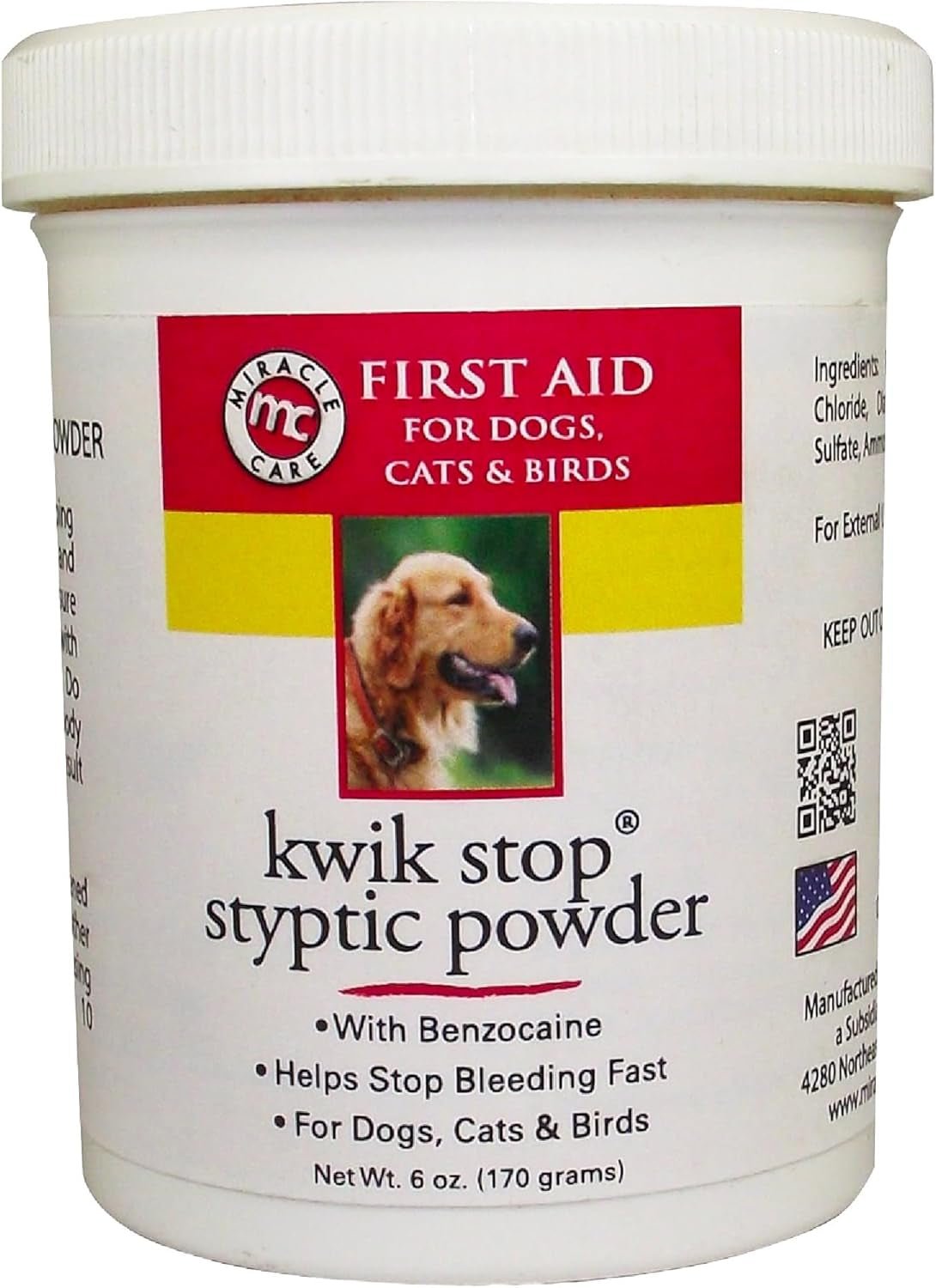 Kwik Stop Styptic Powder for Dogs, Cats and Birds, 6 Ounce, Fast - Acting Blood Stop Powder with Pain Relieving Benzocaine - FurrrBabies & More! - 744110429992