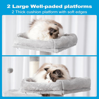 Large Multi - Level Cat Tree Condo Furniture with Sisal - Covered Scratching Posts, 2 Bigger Plush Condos, Perch Hammock for Kittens, Cats and Pets Light Gray MPJ020W - FurrrBabies & More! - 705353763786