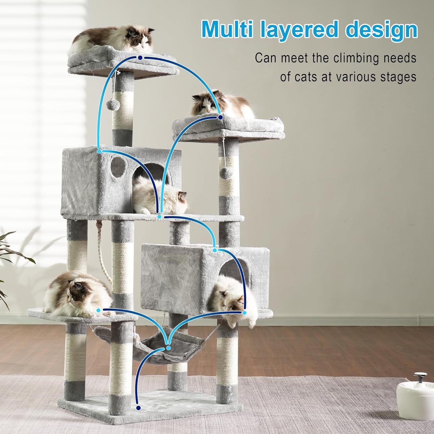 Large Multi - Level Cat Tree Condo Furniture with Sisal - Covered Scratching Posts, 2 Bigger Plush Condos, Perch Hammock for Kittens, Cats and Pets Light Gray MPJ020W - FurrrBabies & More! - 705353763786