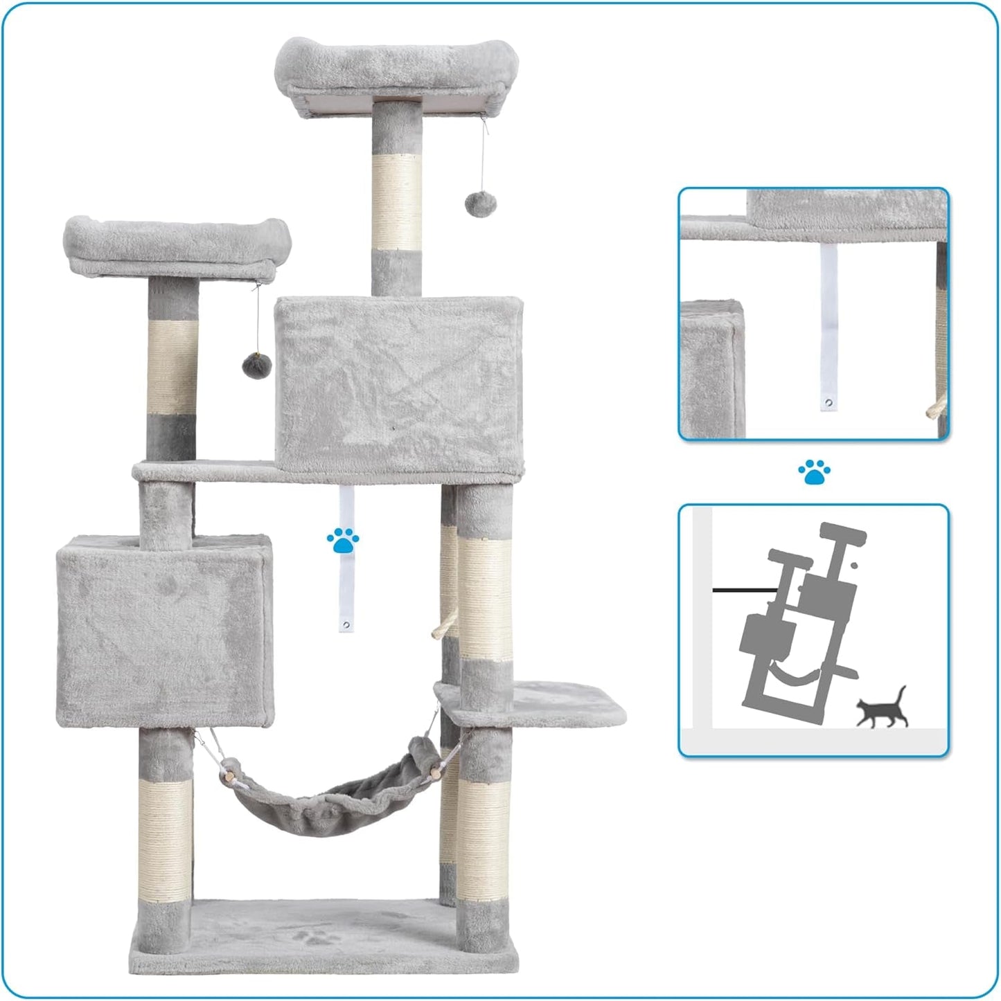 Large Multi - Level Cat Tree Condo Furniture with Sisal - Covered Scratching Posts, 2 Bigger Plush Condos, Perch Hammock for Kittens, Cats and Pets Light Gray MPJ020W - FurrrBabies & More! - 705353763786