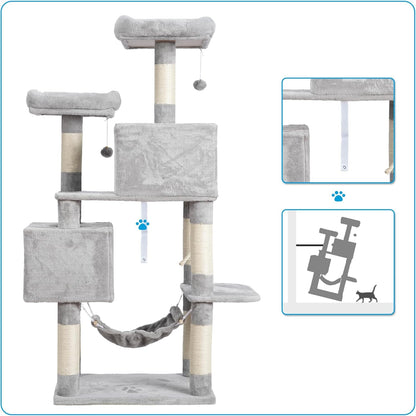 Large Multi - Level Cat Tree Condo Furniture with Sisal - Covered Scratching Posts, 2 Bigger Plush Condos, Perch Hammock for Kittens, Cats and Pets Light Gray MPJ020W - FurrrBabies & More! - 705353763786