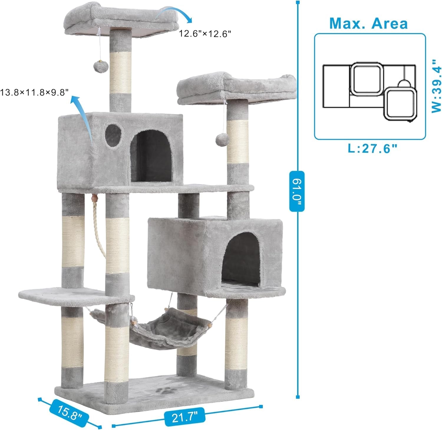 Large Multi - Level Cat Tree Condo Furniture with Sisal - Covered Scratching Posts, 2 Bigger Plush Condos, Perch Hammock for Kittens, Cats and Pets Light Gray MPJ020W - FurrrBabies & More! - 705353763786