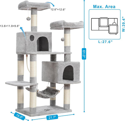 Large Multi - Level Cat Tree Condo Furniture with Sisal - Covered Scratching Posts, 2 Bigger Plush Condos, Perch Hammock for Kittens, Cats and Pets Light Gray MPJ020W - FurrrBabies & More! - 705353763786