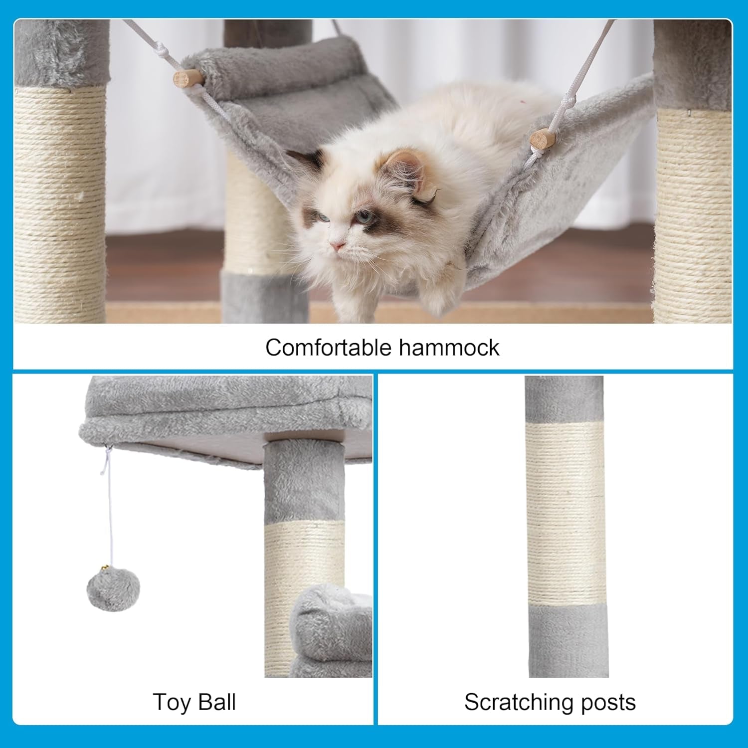 Large Multi - Level Cat Tree Condo Furniture with Sisal - Covered Scratching Posts, 2 Bigger Plush Condos, Perch Hammock for Kittens, Cats and Pets Light Gray MPJ020W - FurrrBabies & More! - 705353763786