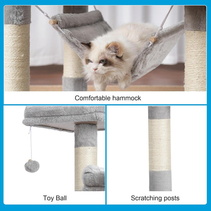 Large Multi - Level Cat Tree Condo Furniture with Sisal - Covered Scratching Posts, 2 Bigger Plush Condos, Perch Hammock for Kittens, Cats and Pets Light Gray MPJ020W - FurrrBabies & More! - 705353763786