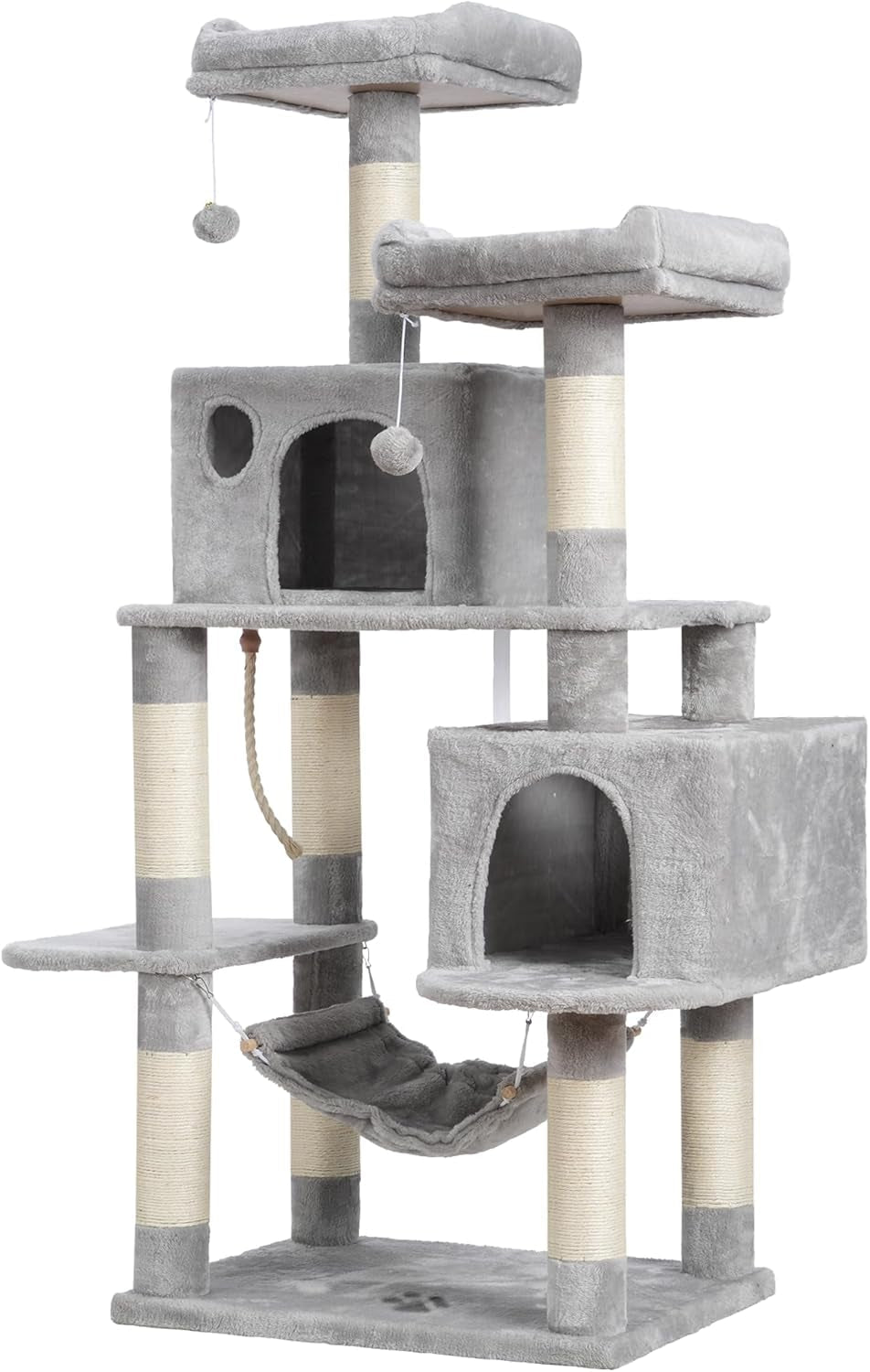 Large Multi - Level Cat Tree Condo Furniture with Sisal - Covered Scratching Posts, 2 Bigger Plush Condos, Perch Hammock for Kittens, Cats and Pets Light Gray MPJ020W - FurrrBabies & More! - 705353763786