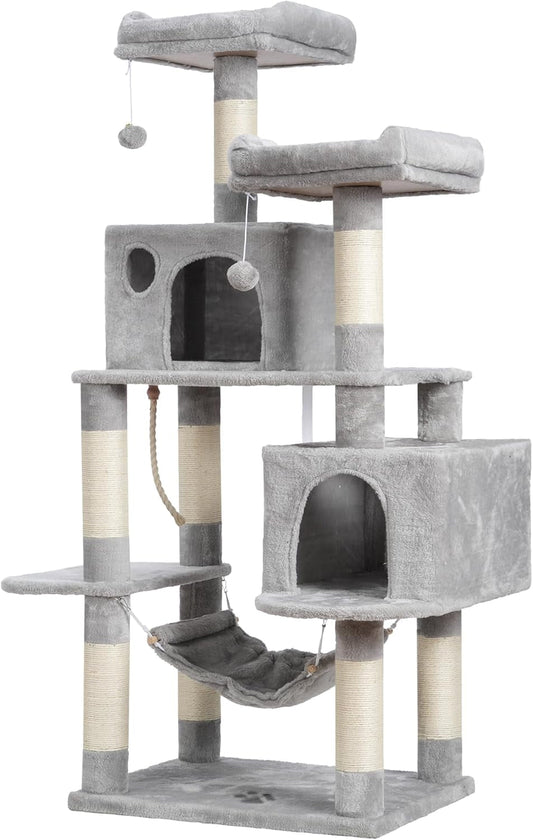 Large Multi - Level Cat Tree Condo Furniture with Sisal - Covered Scratching Posts, 2 Bigger Plush Condos, Perch Hammock for Kittens, Cats and Pets Light Gray MPJ020W - FurrrBabies & More! - 705353763786