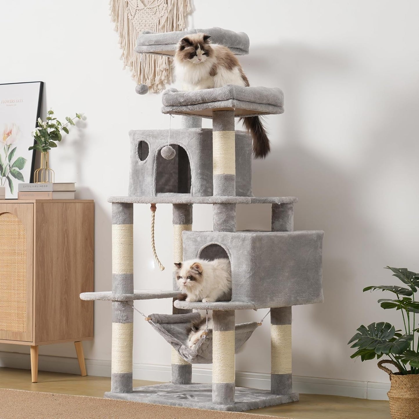 Large Multi - Level Cat Tree Condo Furniture with Sisal - Covered Scratching Posts, 2 Bigger Plush Condos, Perch Hammock for Kittens, Cats and Pets Light Gray MPJ020W - FurrrBabies & More! - 705353763786