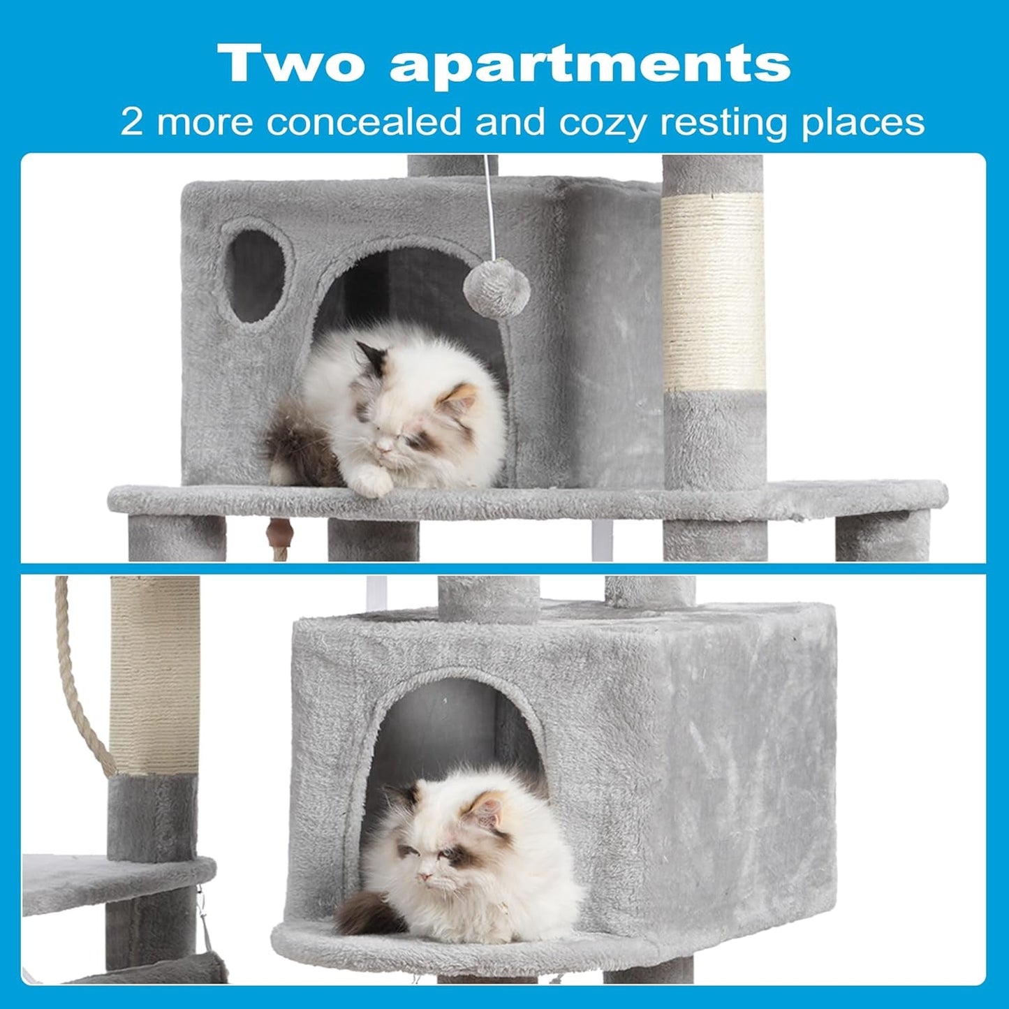 Large Multi - Level Cat Tree Condo Furniture with Sisal - Covered Scratching Posts, 2 Bigger Plush Condos, Perch Hammock for Kittens, Cats and Pets Light Gray MPJ020W - FurrrBabies & More! - 705353763786