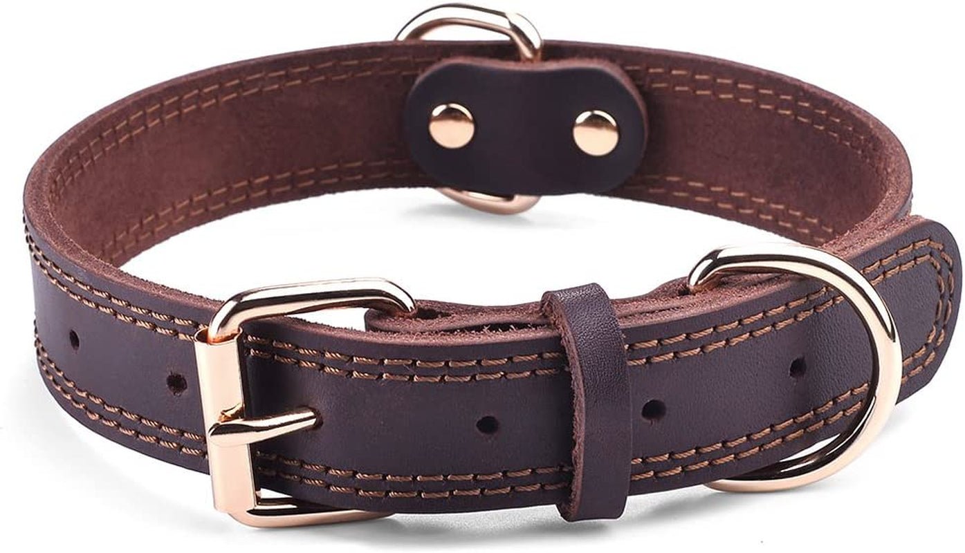 Leather Dog Collar, Heavy Duty Wide Dog Collar for Small,Medium,Large and Extra Large Dogs (M: 1" Wide for 15.2" - 19.2" Neck, Dual Stitch - Brown) - FurrrBabies & More! - 7445009213243