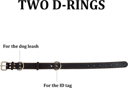 Leather Dog Collar, Heavy Duty Wide Dog Collar for Small,Medium,Large and Extra Large Dogs (M: 1" Wide for 15.2" - 19.2" Neck, Dual Stitch - Brown) - FurrrBabies & More! - 7445009213243