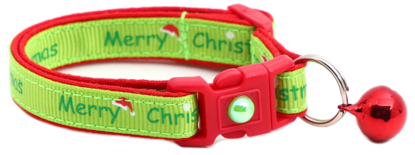 Merry Christmas on Lime Green Cat Collar - FurrrBabies & More! - Cat Collar