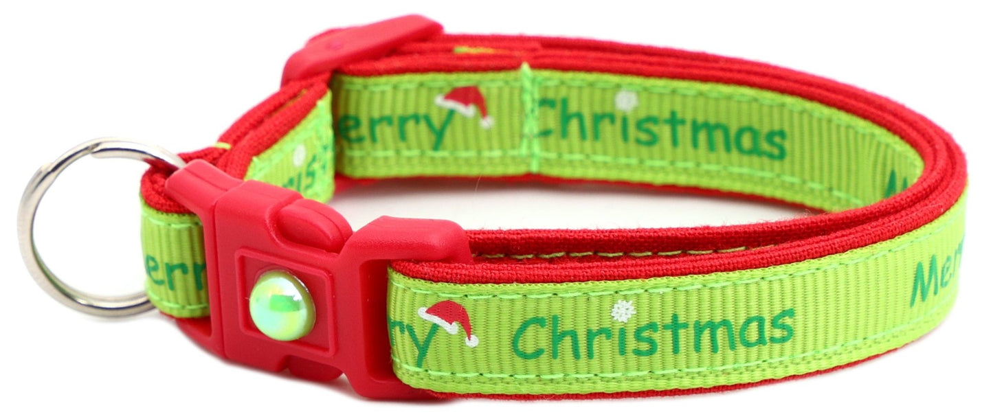 Merry Christmas on Lime Green Cat Collar - FurrrBabies & More! - Cat Collar