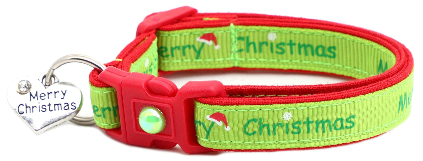 Merry Christmas on Lime Green Cat Collar - FurrrBabies & More! - Cat Collar