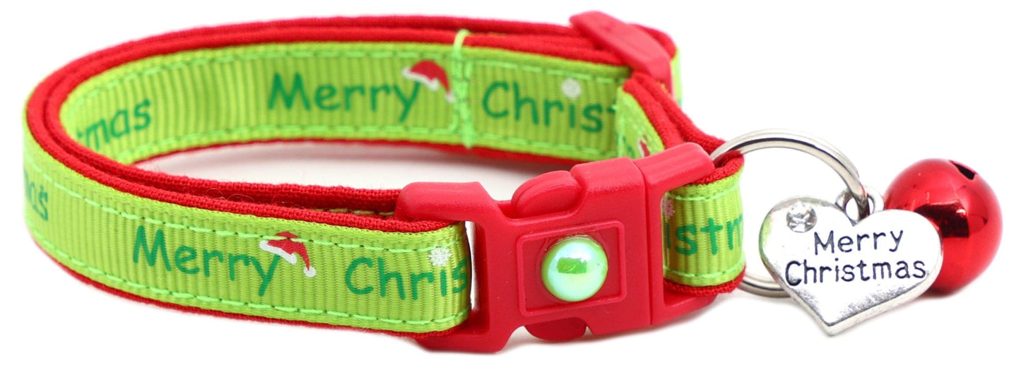 Merry Christmas on Lime Green Cat Collar - FurrrBabies & More! - Cat Collar