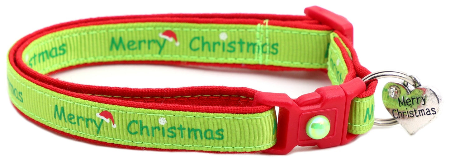 Merry Christmas on Lime Green Cat Collar - FurrrBabies & More! - Cat Collar