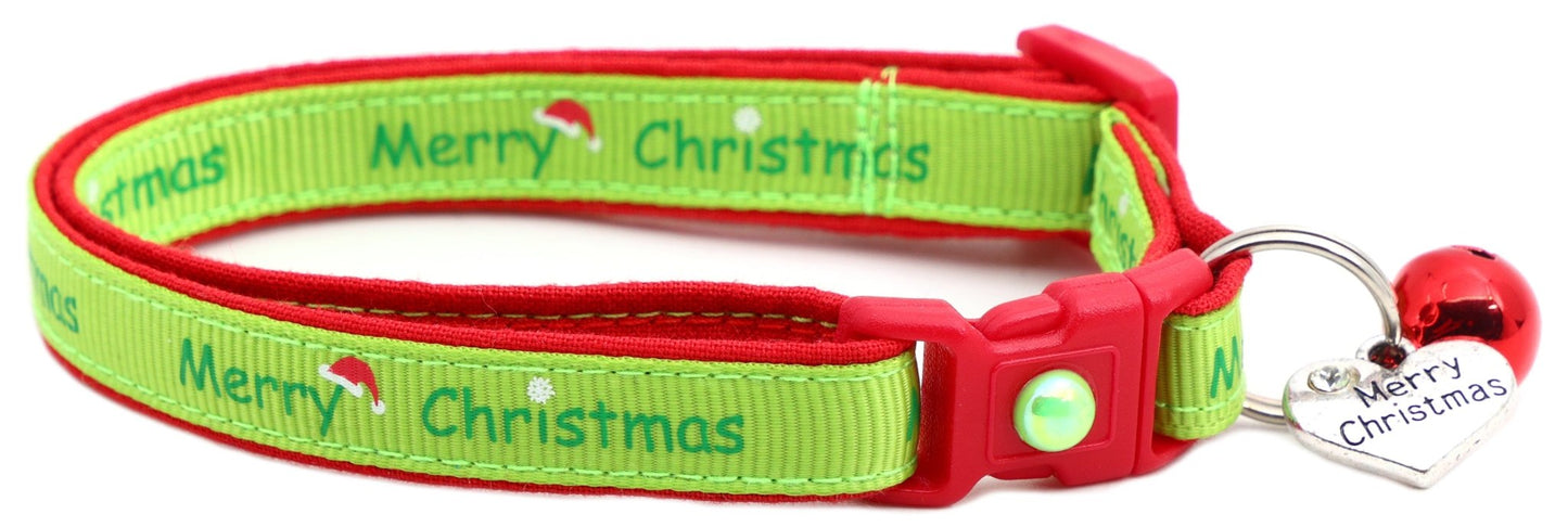 Merry Christmas on Lime Green Cat Collar - FurrrBabies & More! - Cat Collar