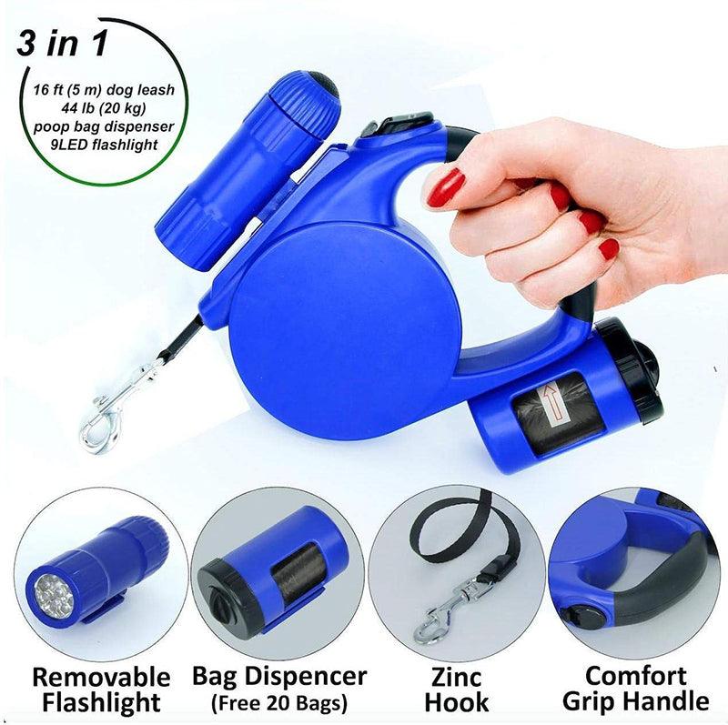 Nightwalk 4.5M Led Light And Waste Bag Dispenser Retractable Dog Leash - FurrrBabies & More! - Dog Collars, Leashes & Harnesses