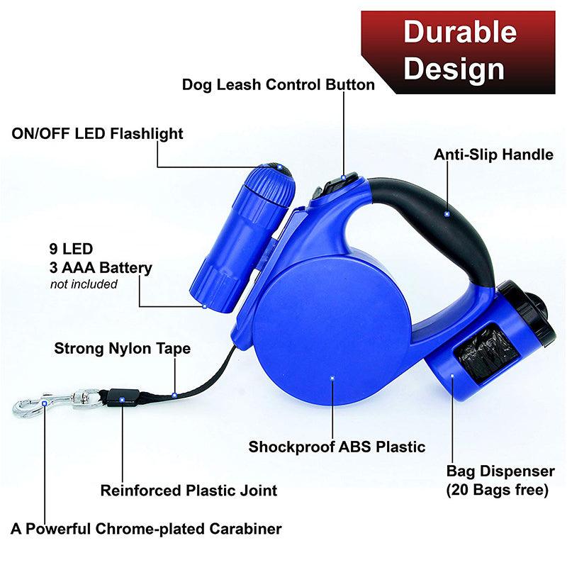 Nightwalk 4.5M Led Light And Waste Bag Dispenser Retractable Dog Leash - FurrrBabies & More! - Dog Collars, Leashes & Harnesses