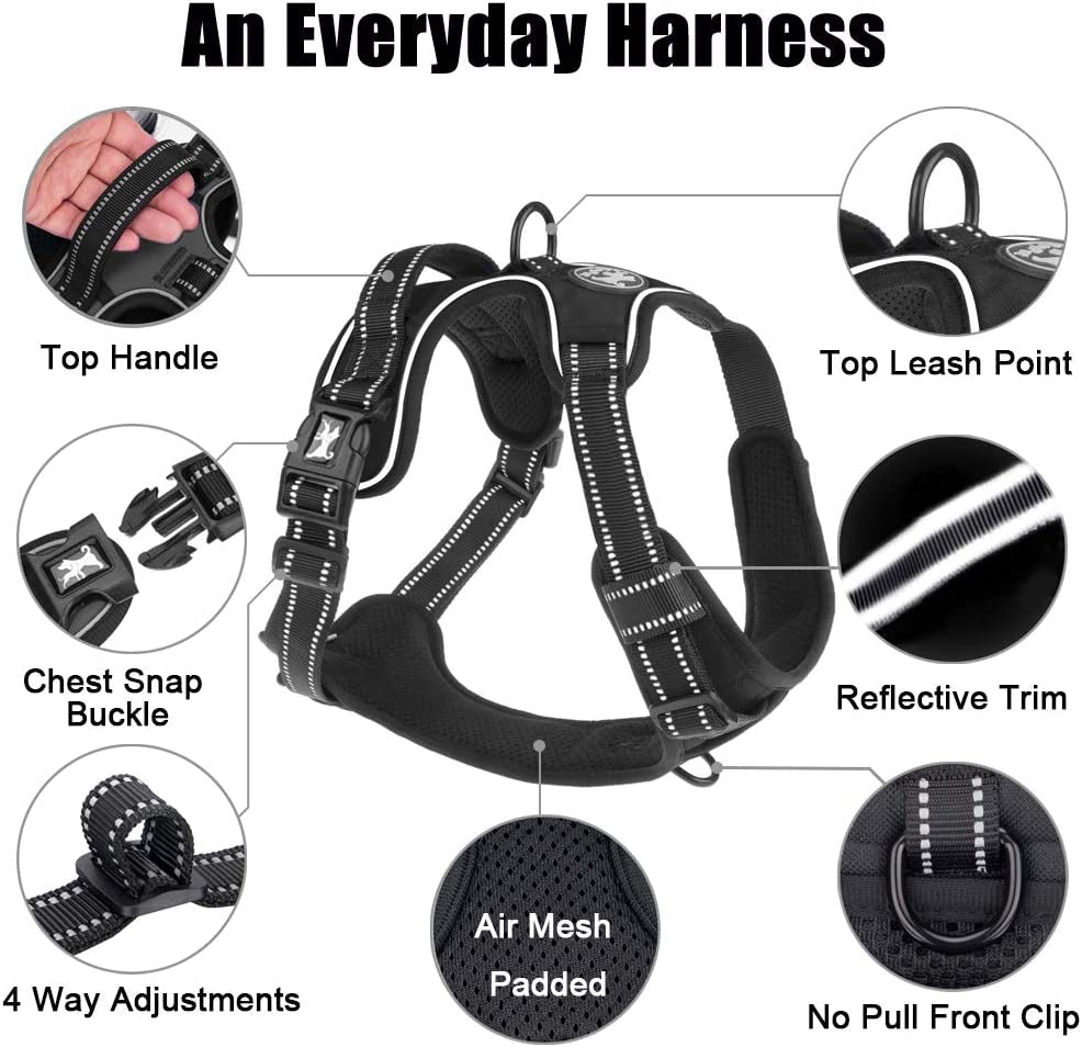 No Pull Dog Harness, Reflective Comfortable Vest Harness with Front & Back 2 Leash Attachments and Easy Control Handle Adjustable Soft Padded Pet Vest for Small to Large Dogs (Black,L) - FurrrBabies & More! - 7445037565574