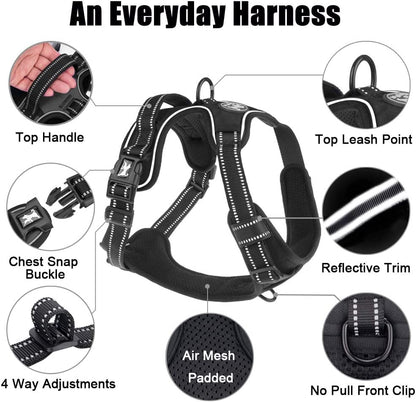 No Pull Dog Harness, Reflective Comfortable Vest Harness with Front & Back 2 Leash Attachments and Easy Control Handle Adjustable Soft Padded Pet Vest for Small to Large Dogs (Black,L) - FurrrBabies & More! - 7445037565574