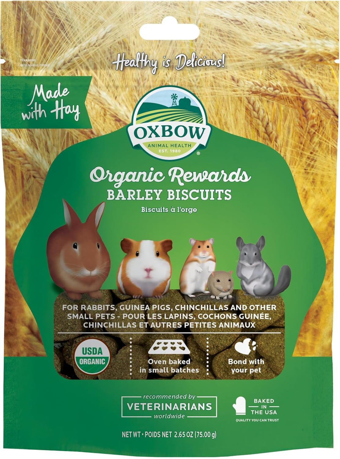 Organic Barley Biscuits, Rabbit & Guinea Pig Treats, Organic Hamster & Bunny Treats with Barley, Apple & Carrot, Made in USA, Small Pet Supplies, 2.65 Oz Bag - FurrrBabies & More! - 7445003617641