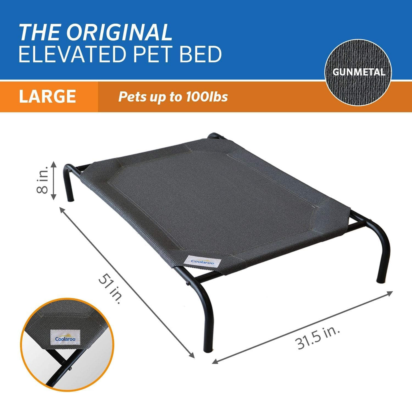 Original Elevated Dog Bed - Breathable Off - The - Ground Pet Bed with Cooling Fabric, Joint Relief & Moisture - Resistant Fabric, 100% Recyclable, Easy Clean, Gunmetal, Large - FurrrBabies & More! - 313102314310