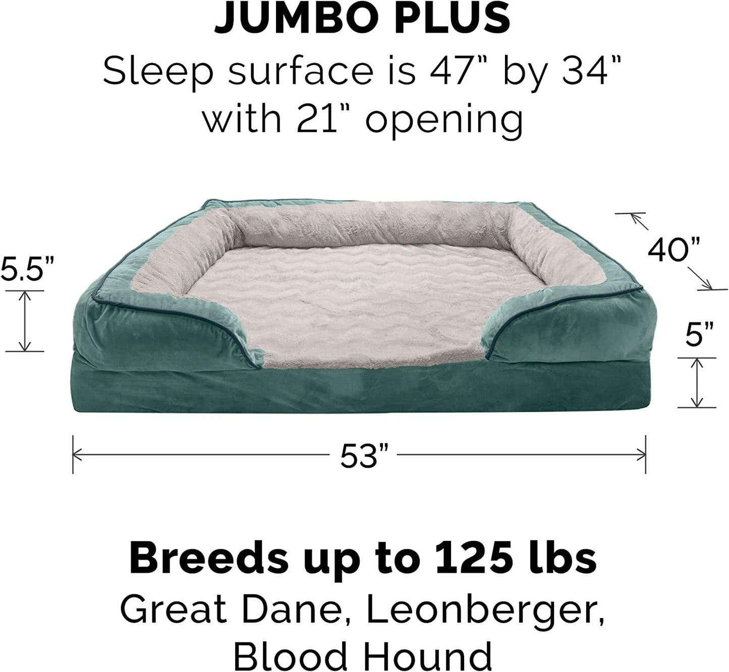 Orthopedic Dog Bed for Large Dogs W/ Removable Bolsters & Washable Cover, for Dogs up to 125 Lbs - Plush & Velvet Waves Perfect Comfort Sofa - Celadon Green, Jumbo Plus/Xxl - FurrrBabies & More! - 313037618682