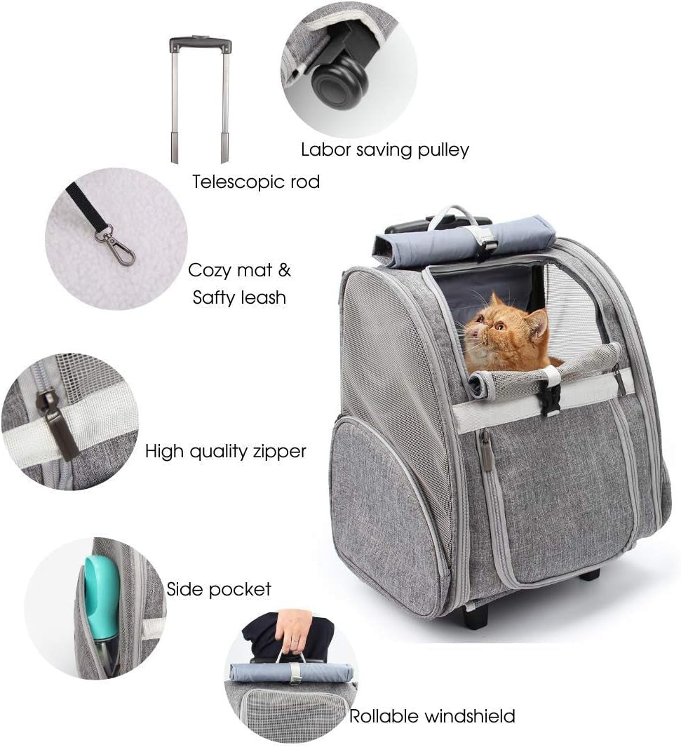 Pet Rolling Carrier, Dog Backpack with Wheels,Cats,Puppies Travel Bag with Wheels,Dog Trolley(Grey) - FurrrBabies & More! - 313049150187