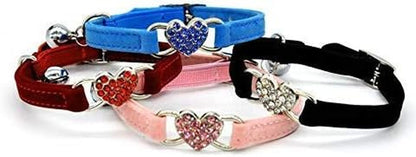 Pink Soft Velvet Safe Cat Adjustable Collar with Crystal Heart Charm and Bells 8 - 11 Inches(Black+Red+Pink+Blue) - FurrrBabies & More! - 726084766242