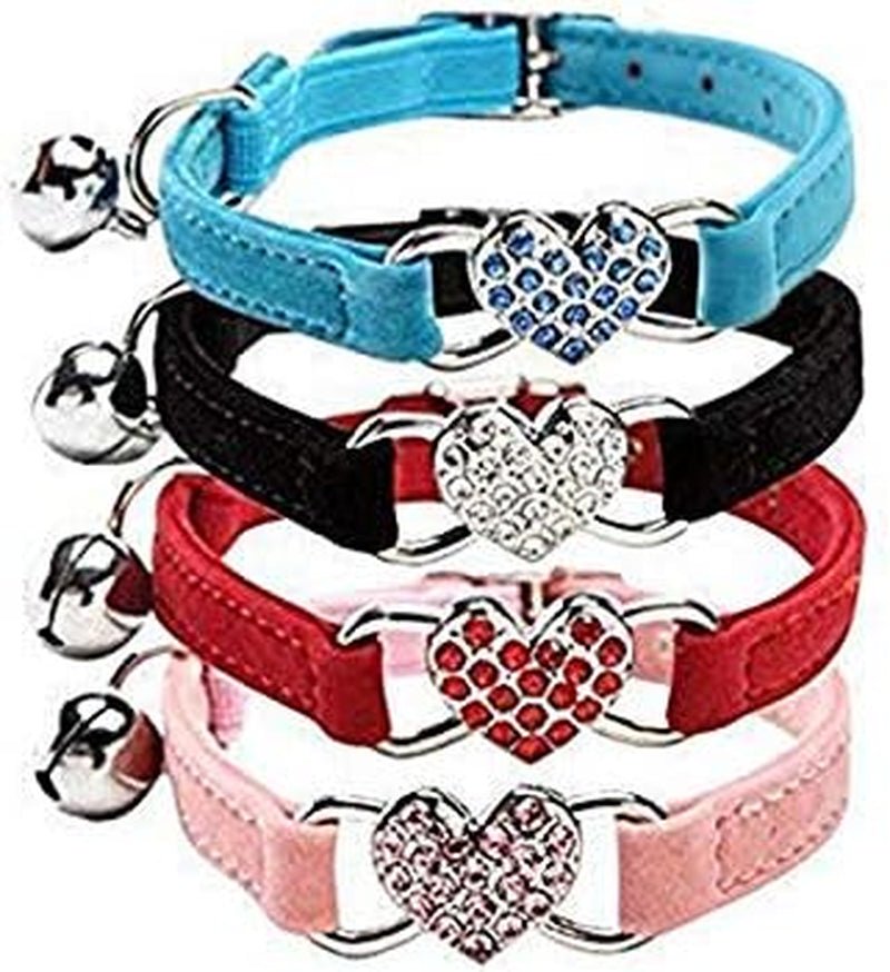Pink Soft Velvet Safe Cat Adjustable Collar with Crystal Heart Charm and Bells 8 - 11 Inches(Black+Red+Pink+Blue) - FurrrBabies & More! - 726084766242
