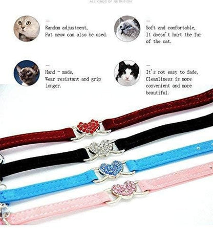 Pink Soft Velvet Safe Cat Adjustable Collar with Crystal Heart Charm and Bells 8 - 11 Inches(Black+Red+Pink+Blue) - FurrrBabies & More! - 726084766242