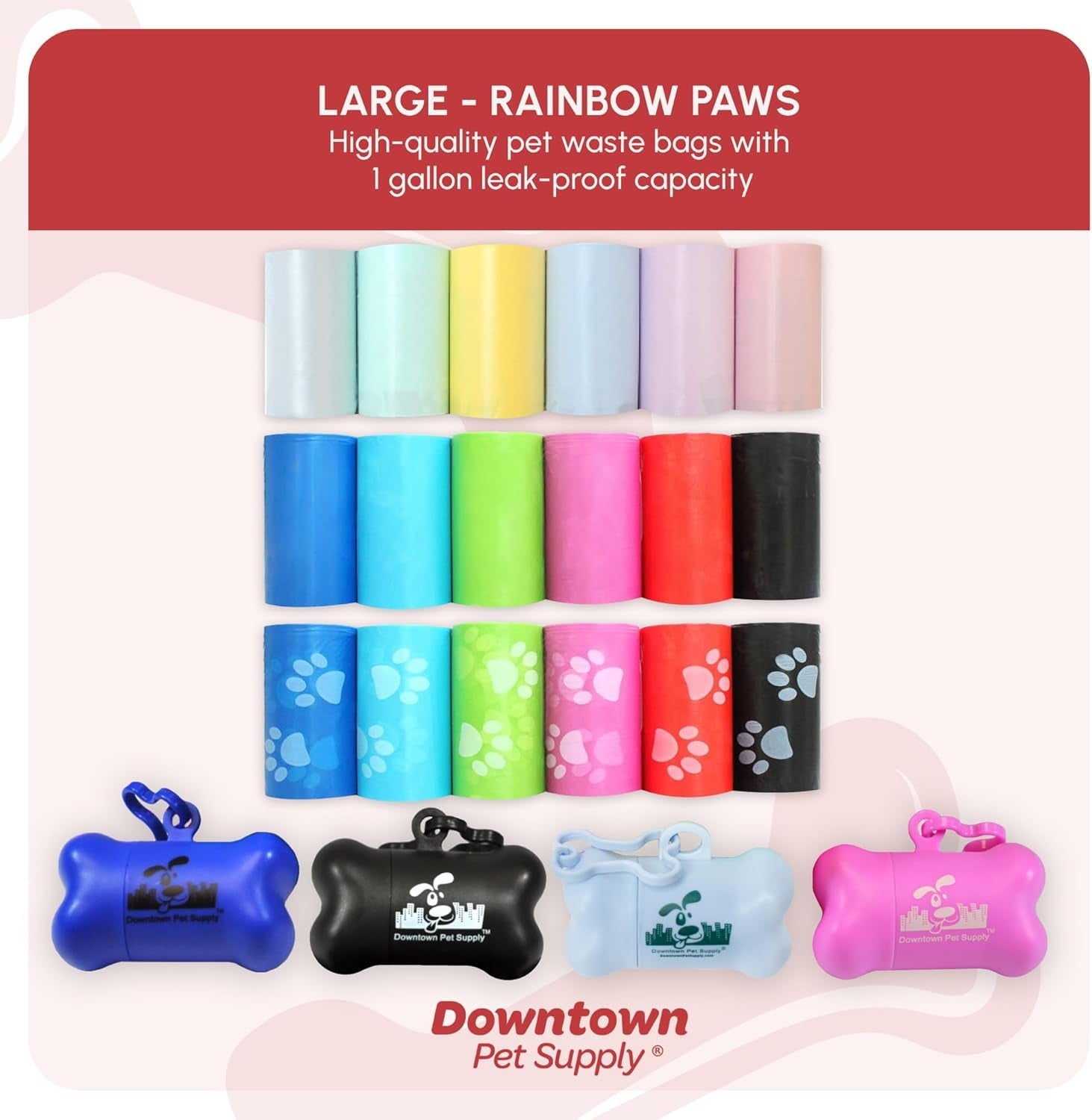 Poop Bags for Dogs with Dispenser, 180 Count - Leak - Proof Dog Waste Bags and Bone - Shaped Dog Poop Bags Holder for Leash - Rainbow with Paw Prints, 12.5" X 8.5" - FurrrBabies & More! - 7445016829888